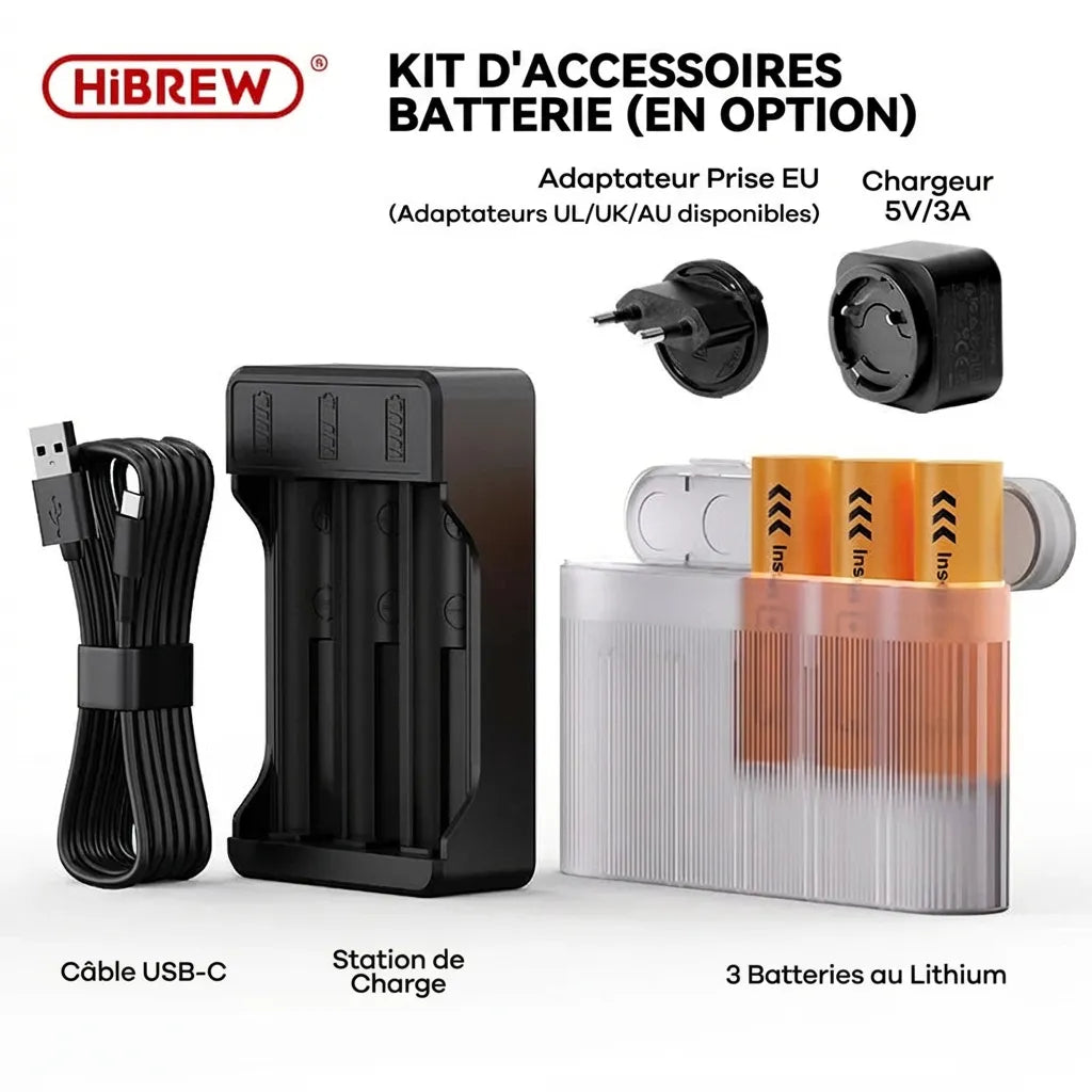 Kit chargeur batterie externe HiBREW H4C avec 3 piles lithium et câble USB-C