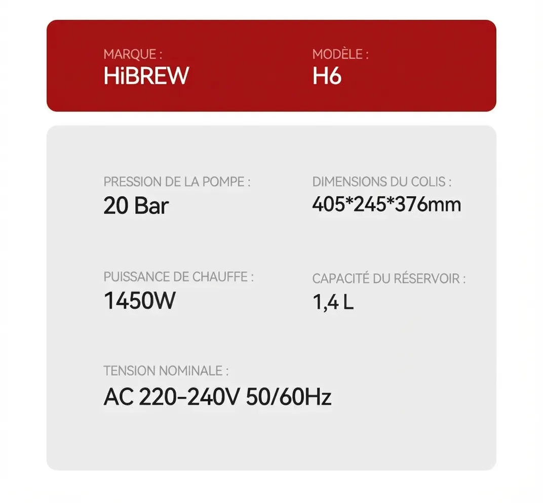 Spécifications techniques de la HiBREW H6 incluant la pression de 20 bars et 1450W.
