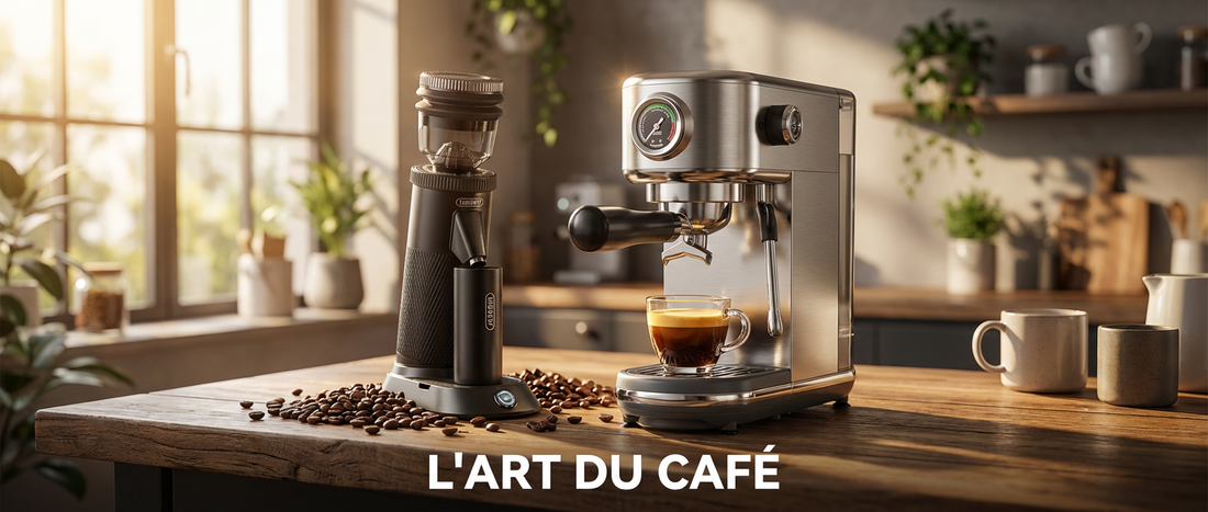 Station café complète avec machine espresso HiBREW H10B et moulin G5 sur un plan de travail en bois