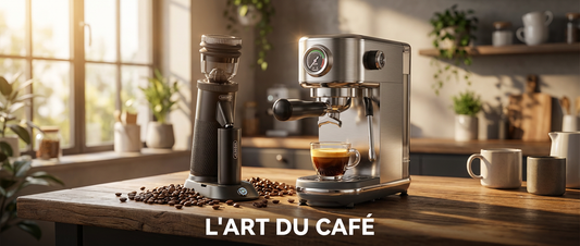 Station café complète avec machine espresso HiBREW H10B et moulin G5 sur un plan de travail en bois