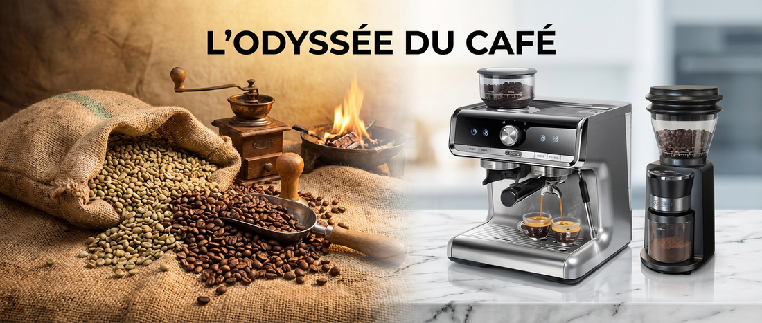 Composition artistique montrant l'évolution du café des grains anciens à la machine espresso moderne