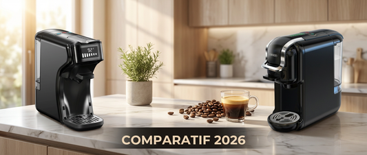 Bannière comparatif machines à café HiBREW 2026 H1B et H2B sur plan de travail cuisine
