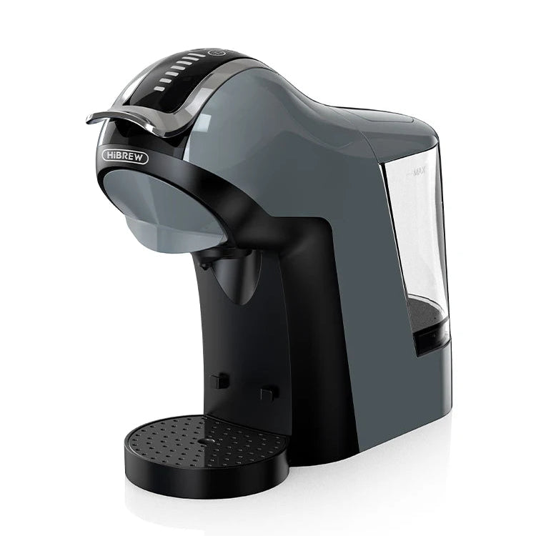 Vue latérale de la machine à café HiBREW H17 grise et noire avec réservoir d'eau.