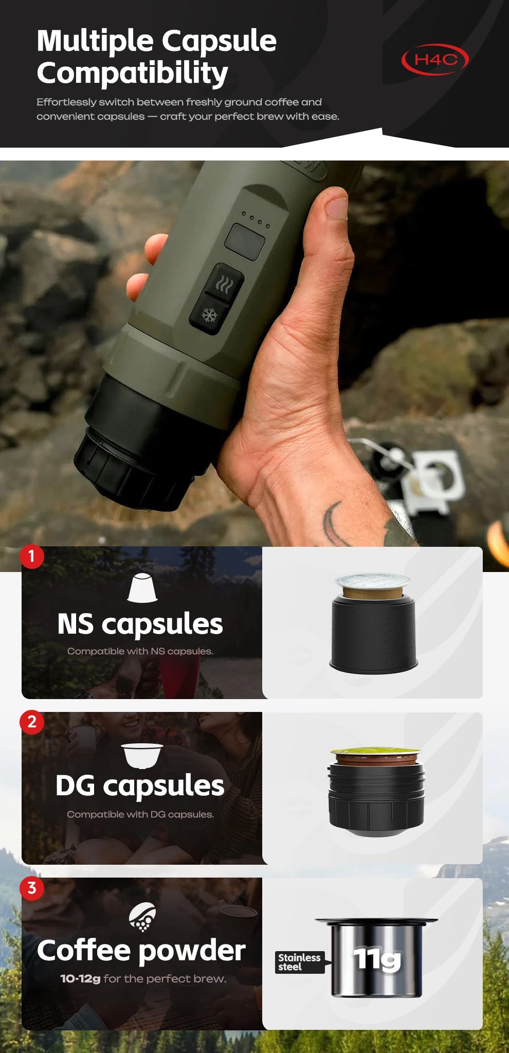 Compatibilité multiple de la machine HiBREW H4C avec les capsules NS, DG et le café moulu.