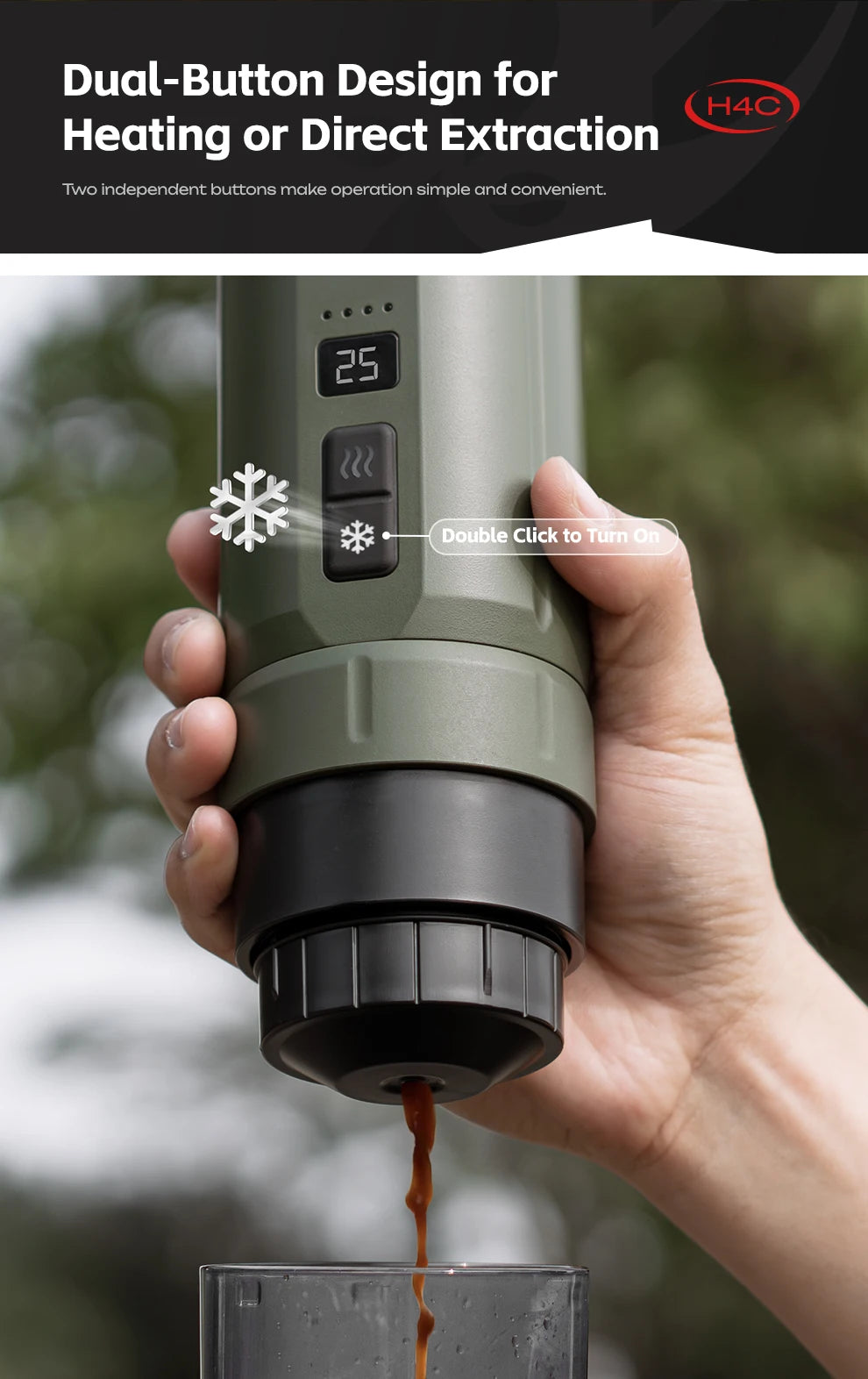 Utilisation du double bouton pour activer le chauffage ou l'extraction directe sur la HiBREW H4C.