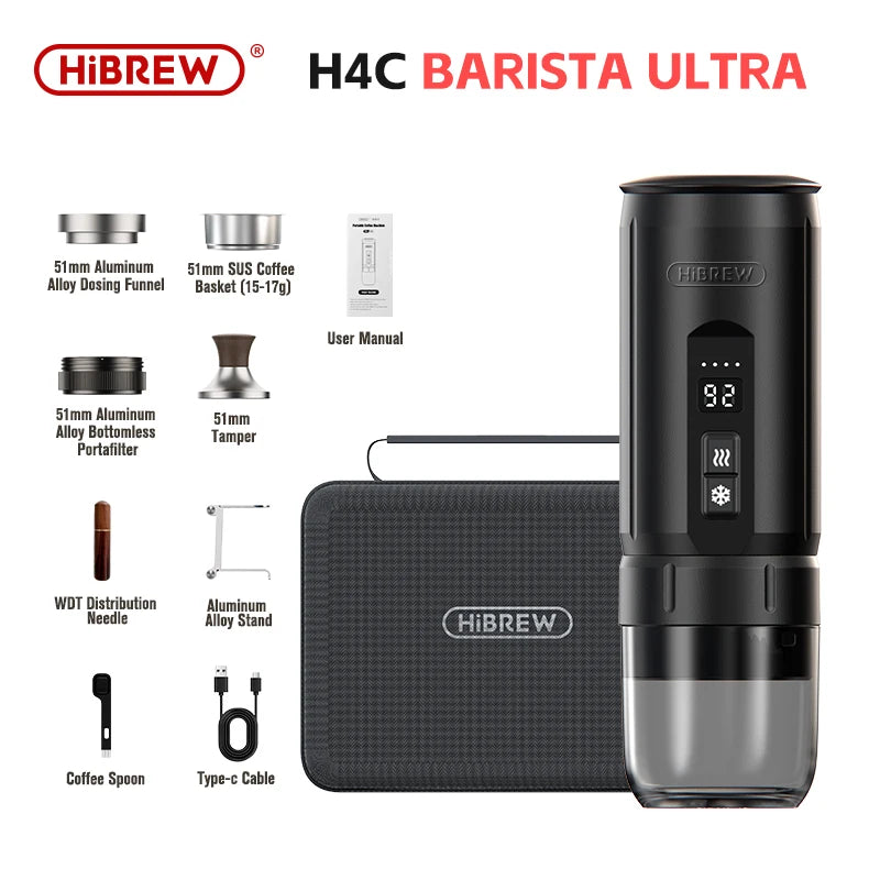 Contenu du pack HiBREW H4C Barista Ultra incluant porte-filtre sans fond, tasseur et accessoires barista.