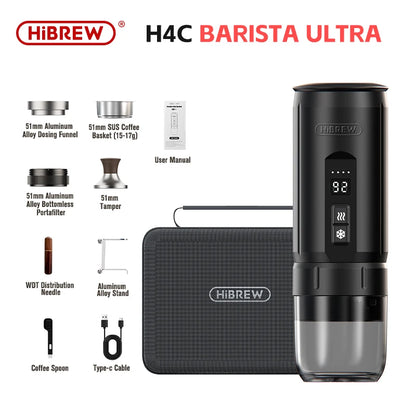 Contenu du pack HiBREW H4C Barista Ultra incluant porte-filtre sans fond, tasseur et accessoires barista.