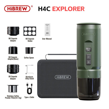 Contenu du pack HiBREW H4C Explorer avec machine, adaptateurs, support et étui de transport.