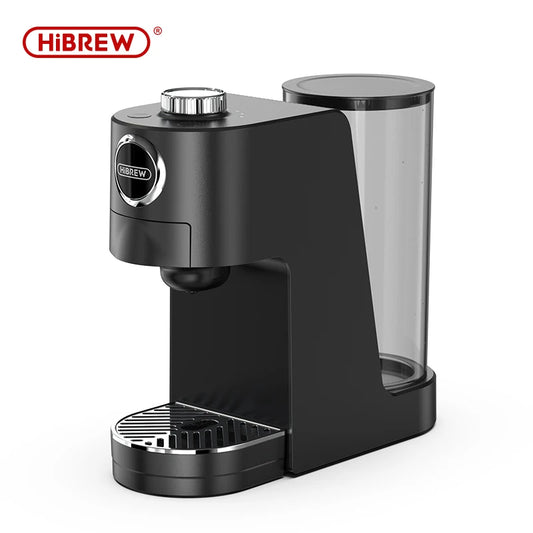 Machine à café HiBREW H3C noire, vue de trois quarts, avec bac égouttoir en inox.