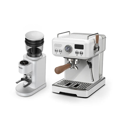 Pack machine espresso blanche rétro et moulin G7