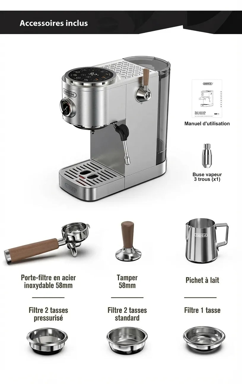 Accessoires inclus : tamper, pichet lait, filtres café