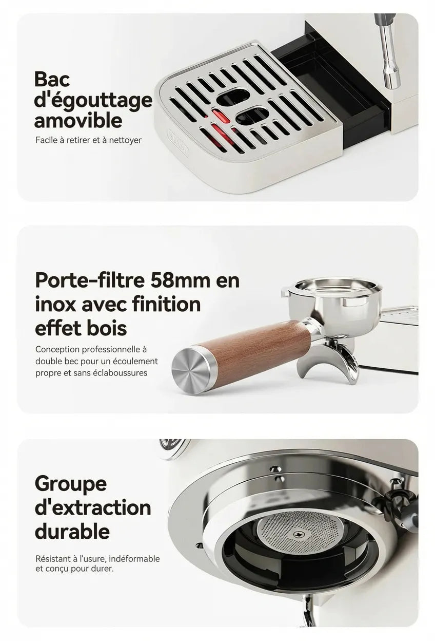 Détails bac égouttage et porte-filtre inox finition bois