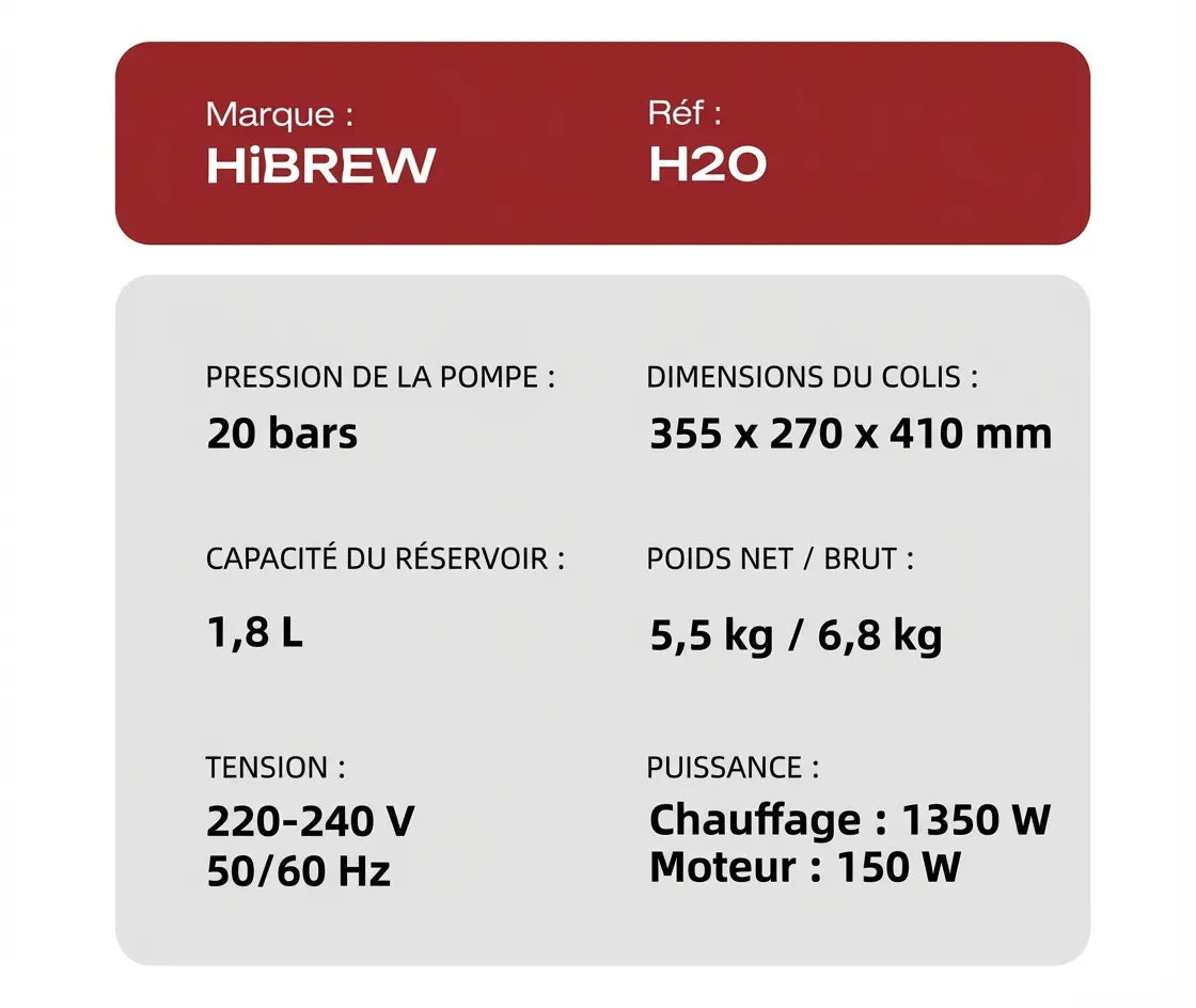 Fiche technique spécifications machine HiBREW H20