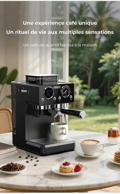 Machine expresso avec broyeur en situation sur table petit déjeuner