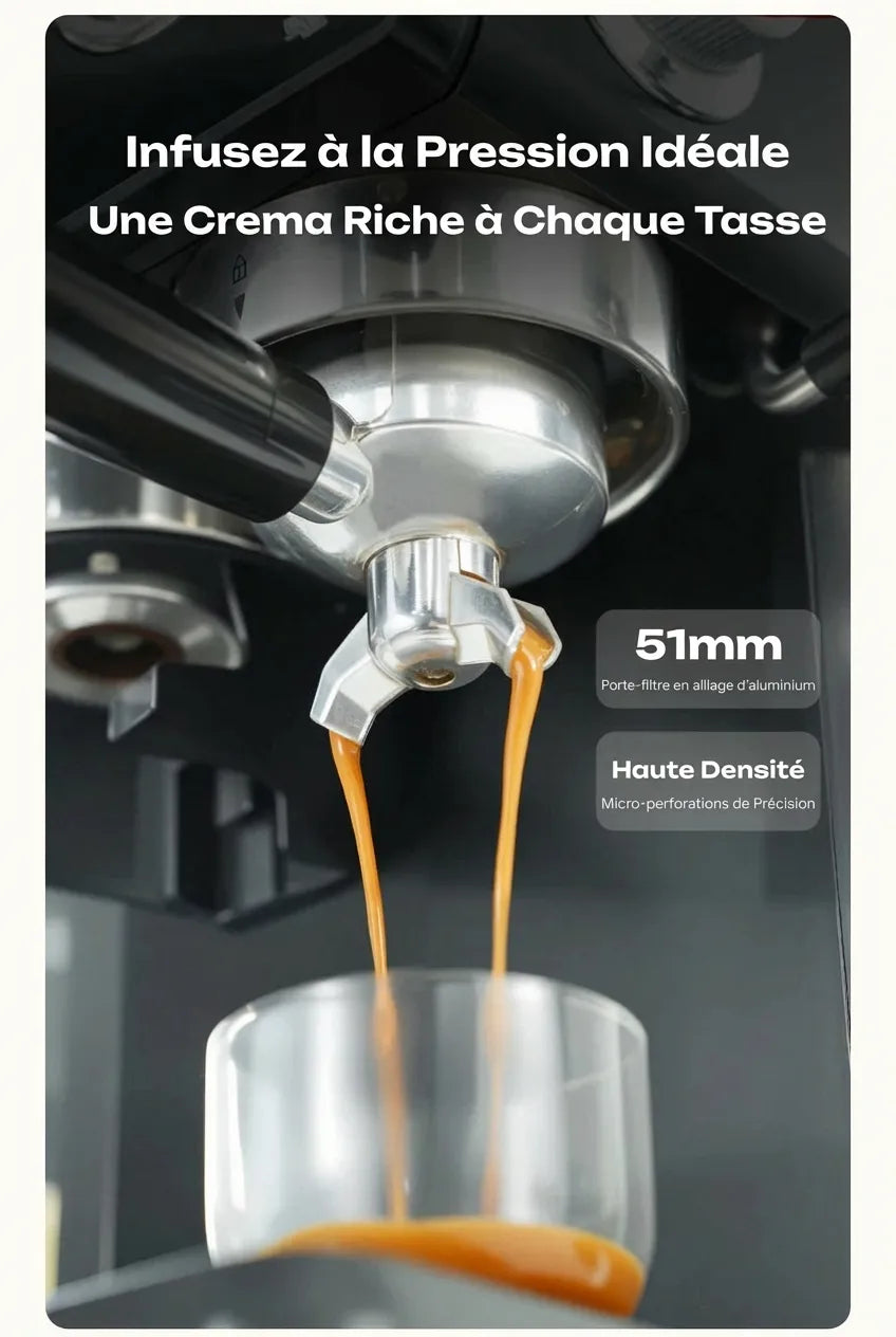Extraction expresso crémeux avec porte-filtre 51mm double bec