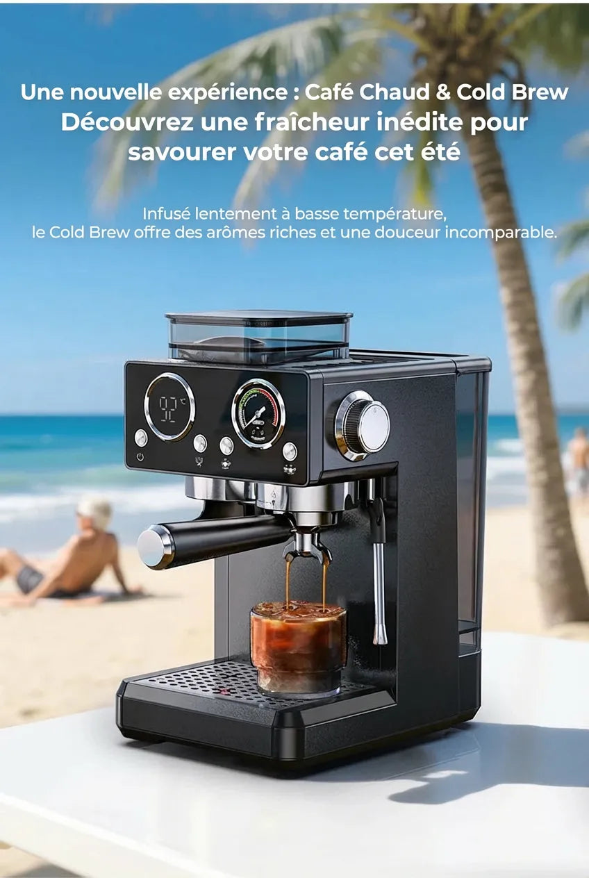 Machine à café H20 en extérieur ambiance été avec café glacé