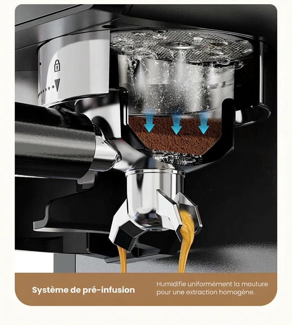 Coupe technique montrant la pré-infusion de la mouture