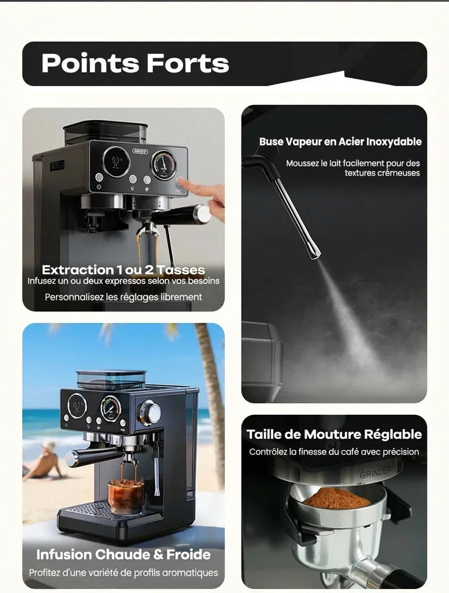 Résumé points forts machine expresso broyeur vapeur et froid