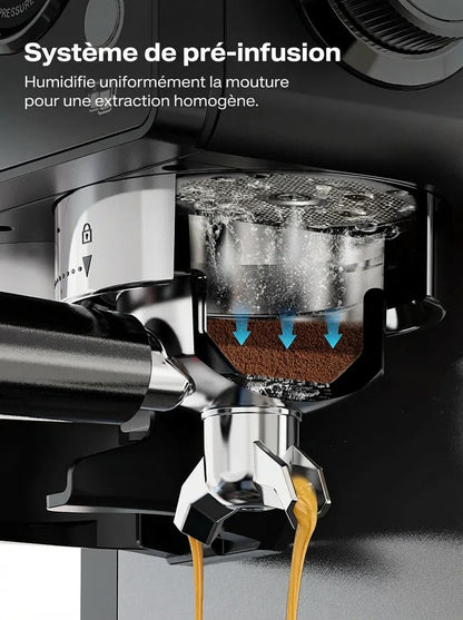 Schéma fonctionnement pré-infusion eau et café moulu