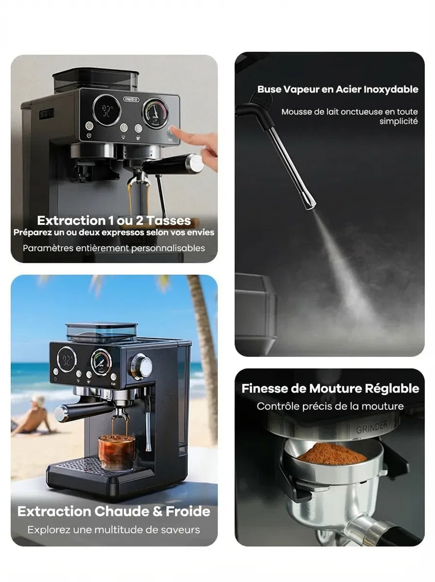 Collage fonctionnalités extraction vapeur mouture et cold brew