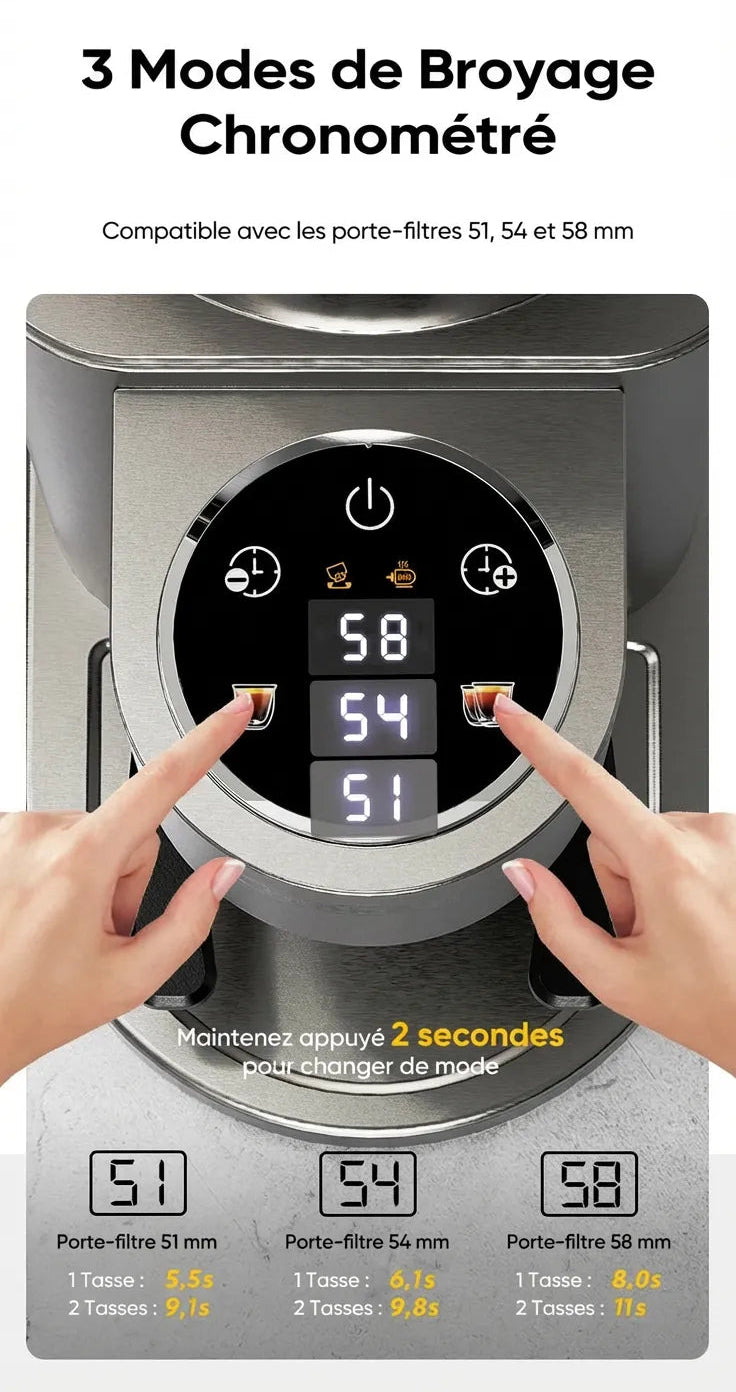 Écran tactile avec modes de broyage chronométré