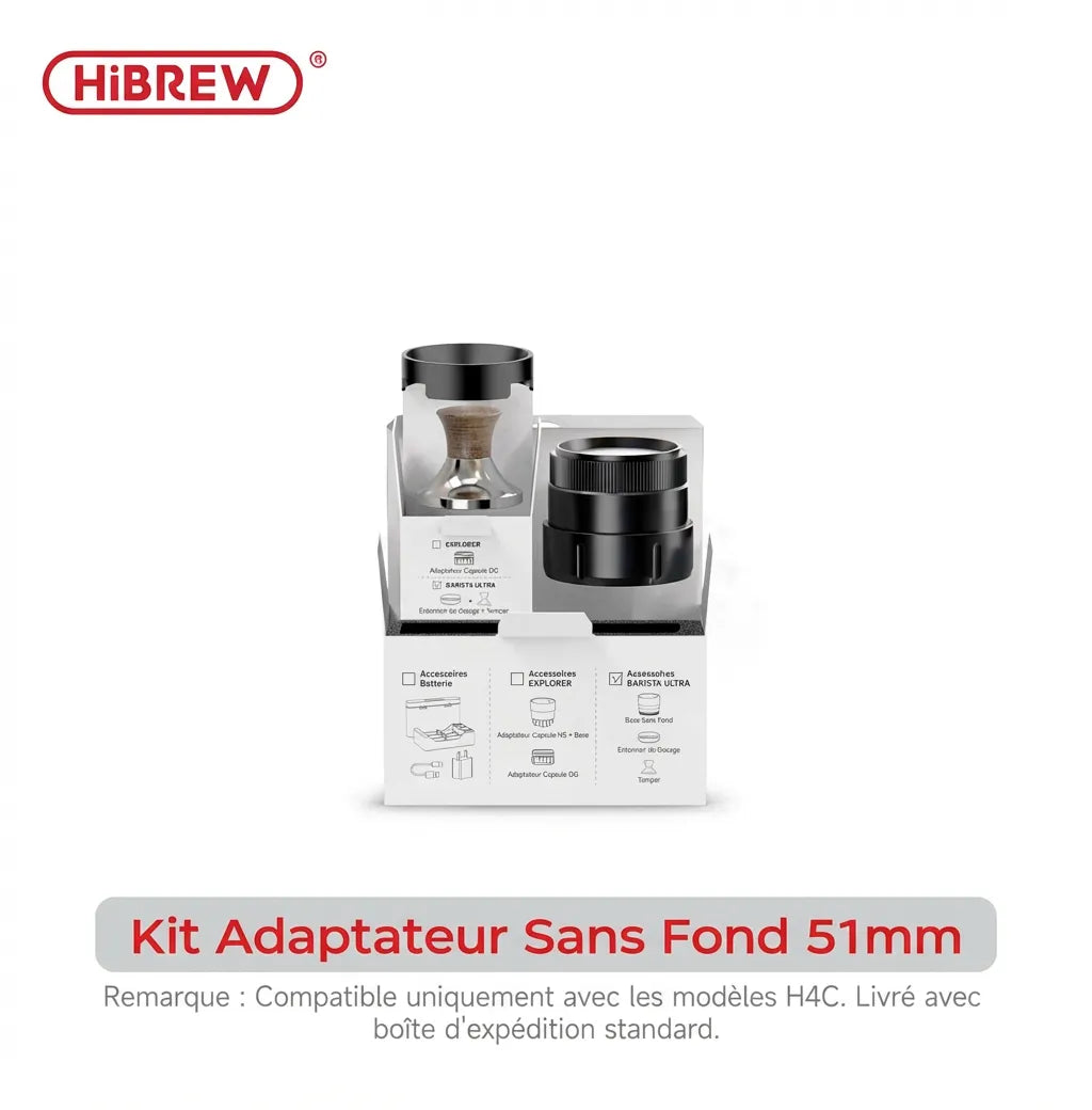 Vue détaillée kit adaptateur sans fond 51mm et tamper pour H4C
