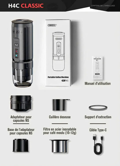 Contenu de l'emballage du pack HiBREW H4C Classic de couleur noire.