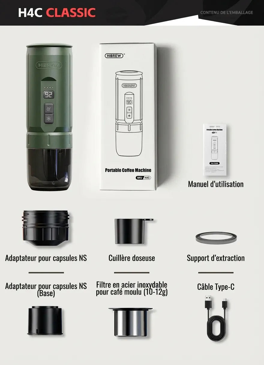 Contenu complet de l'emballage du pack HiBREW H4C Classic avec adaptateurs et accessoires.