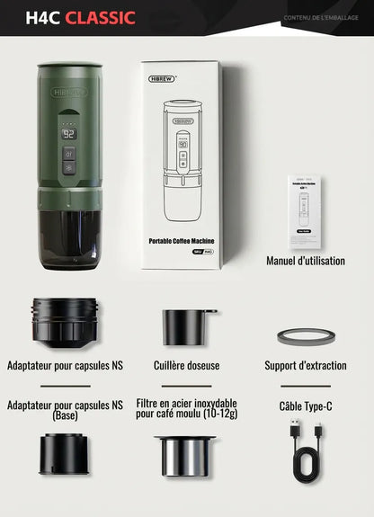 Contenu complet de l'emballage du pack HiBREW H4C Classic avec adaptateurs et accessoires.