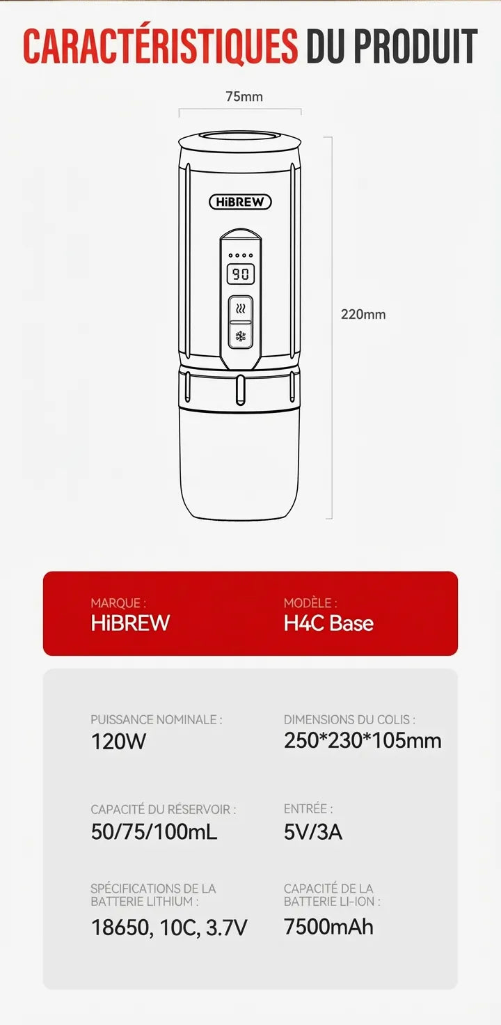 Caractéristiques techniques et dimensions de la machine à café portable HiBREW H4C.