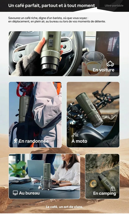 Différents contextes d'utilisation de la HiBREW H4C : en voiture, en randonnée, à moto, au bureau et en camping.