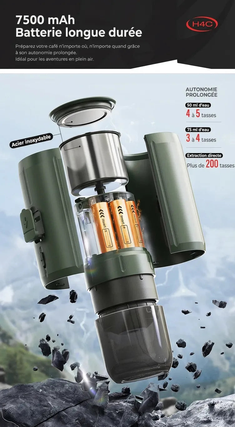 Vue éclatée de la machine HiBREW H4C montrant la batterie longue durée de 7500 mAh et le réservoir en acier.