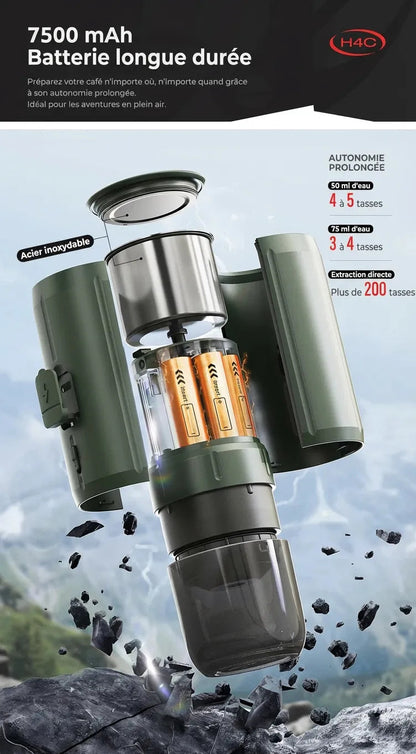 Vue éclatée de la machine HiBREW H4C montrant la batterie longue durée de 7500 mAh et le réservoir en acier.