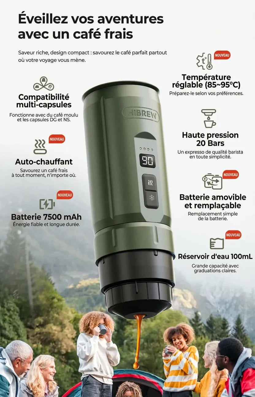 Infographie des caractéristiques principales de la HiBREW H4C : 20 bars, 7500mAh, auto-chauffant et multi-capsules.