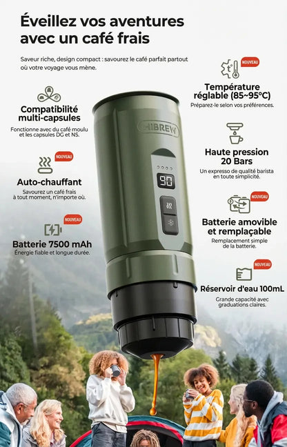 Infographie des caractéristiques principales de la HiBREW H4C : 20 bars, 7500mAh, auto-chauffant et multi-capsules.