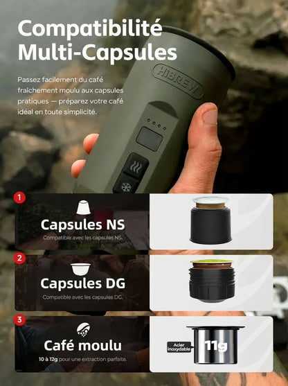 Compatibilité multi-capsules détaillée pour NS, DG et café moulu avec la machine HiBREW H4C.