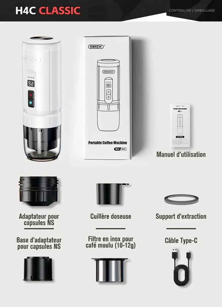Contenu de l'emballage du pack HiBREW H4C Classic de couleur blanche.