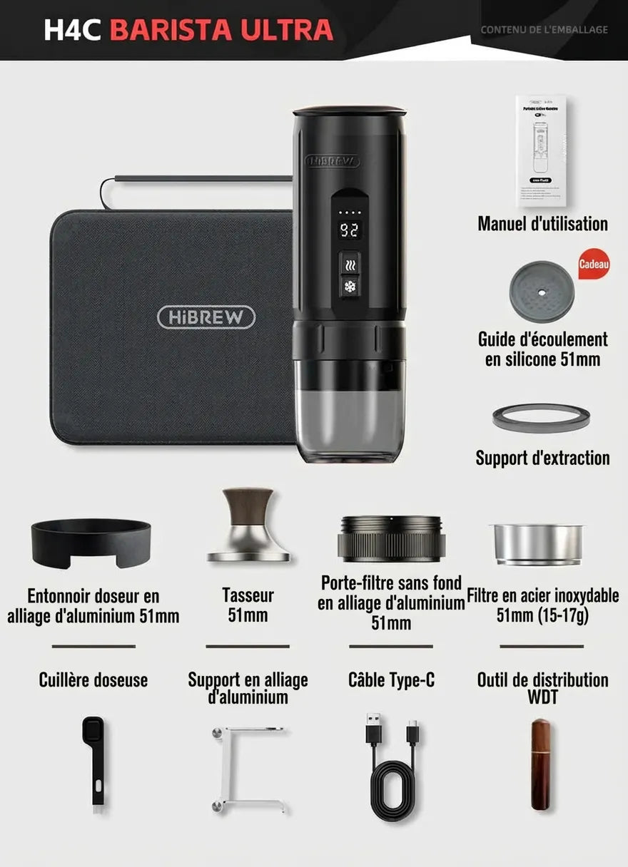 Vue détaillée des accessoires professionnels inclus dans le pack HiBREW H4C Barista Ultra noir.