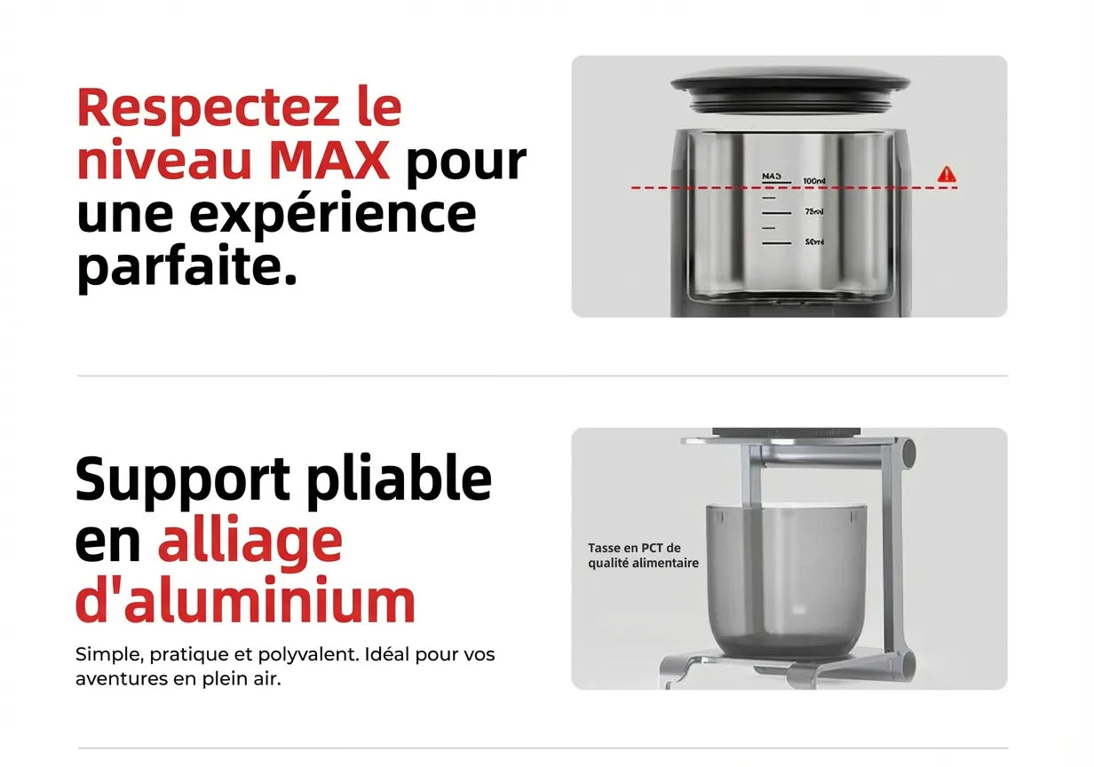 Instructions pour respecter le niveau d'eau maximum et utilisation du support pliable en alliage d'aluminium.