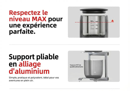 Instructions pour respecter le niveau d'eau maximum et utilisation du support pliable en alliage d'aluminium.