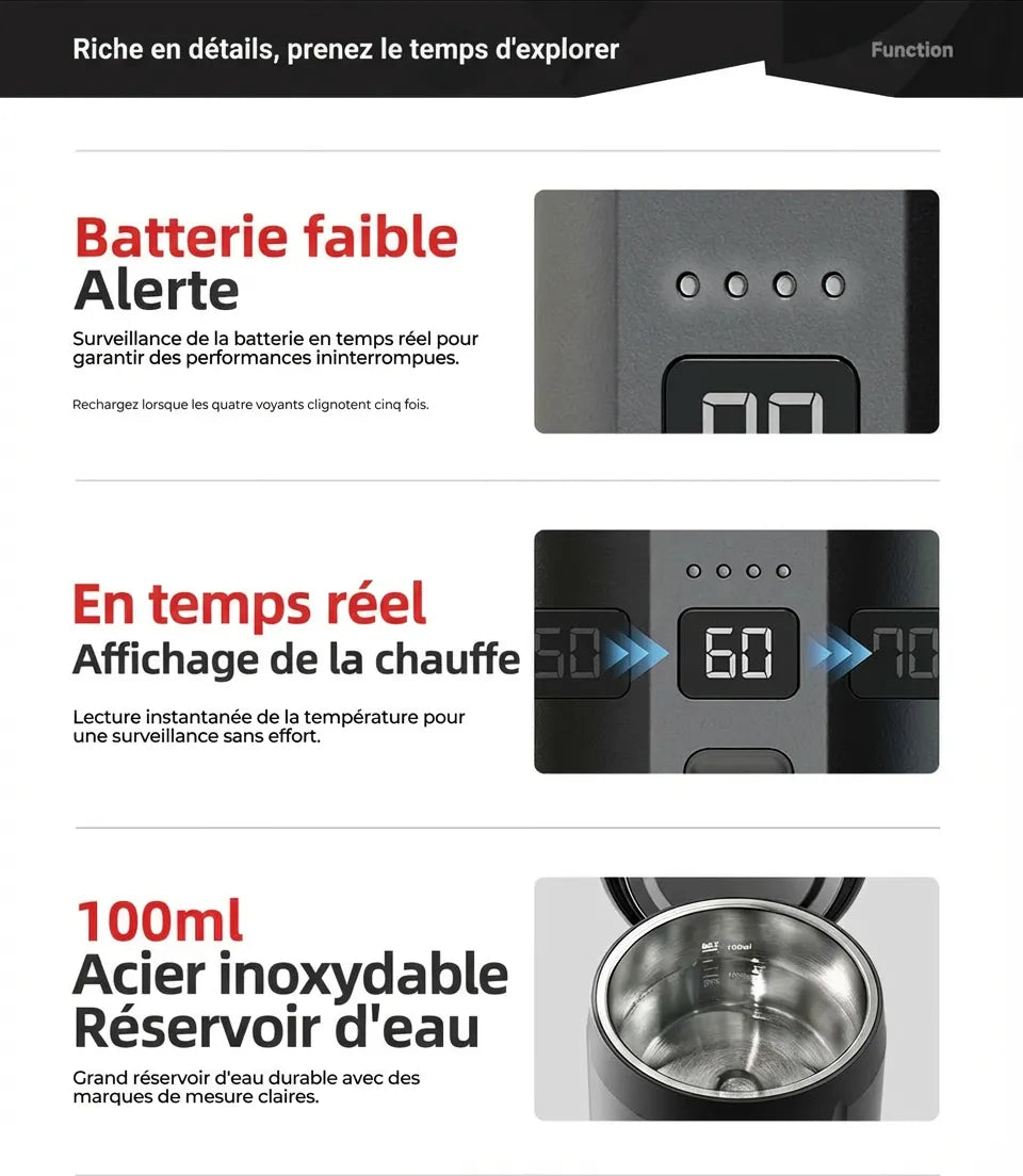 Détails des fonctions : alerte batterie faible, affichage de la chauffe en temps réel et réservoir inox.