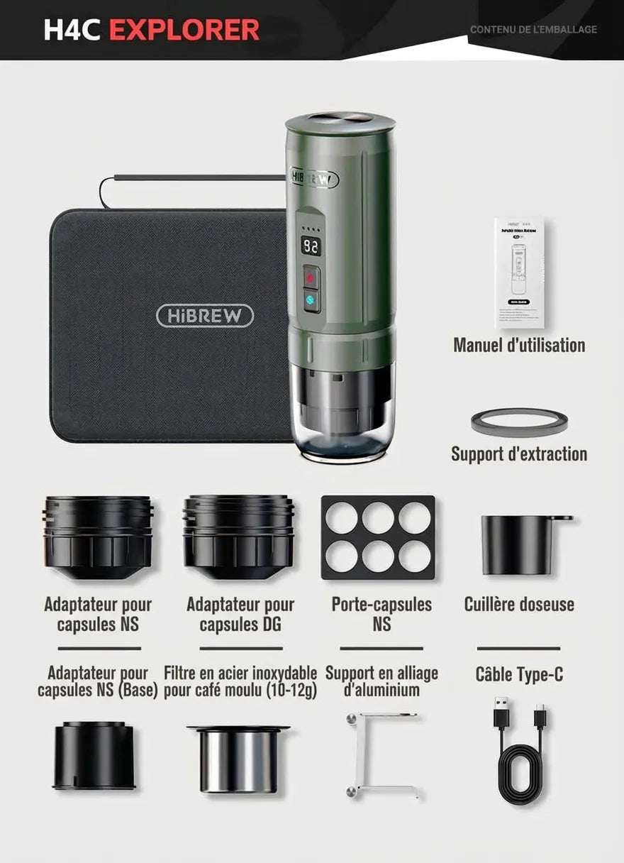 Contenu complet de l'emballage du pack HiBREW H4C Explorer de couleur verte.