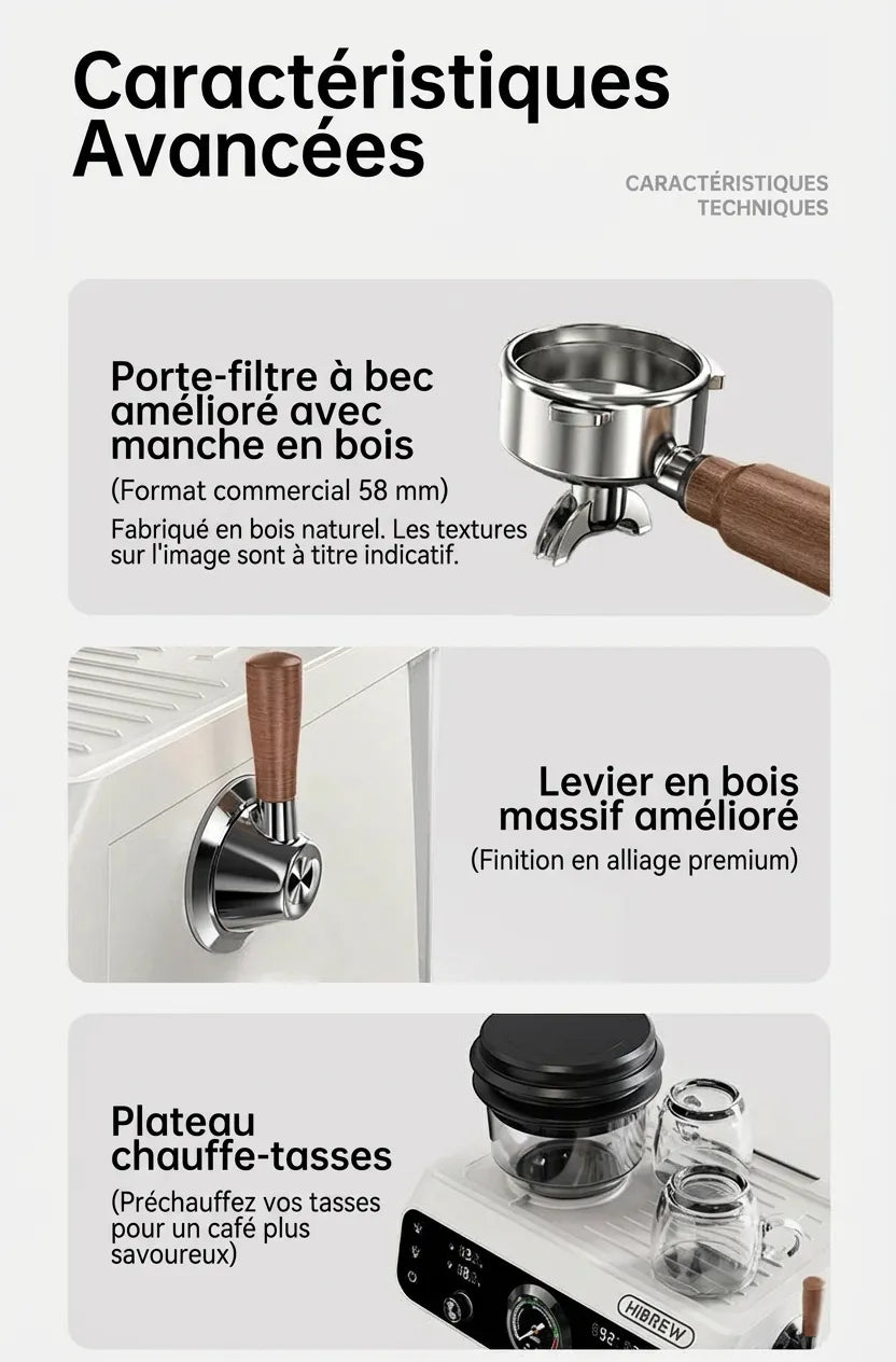 Porte-filtre 58 mm, levier vapeur en bois massif et plateau chauffe-tasses.