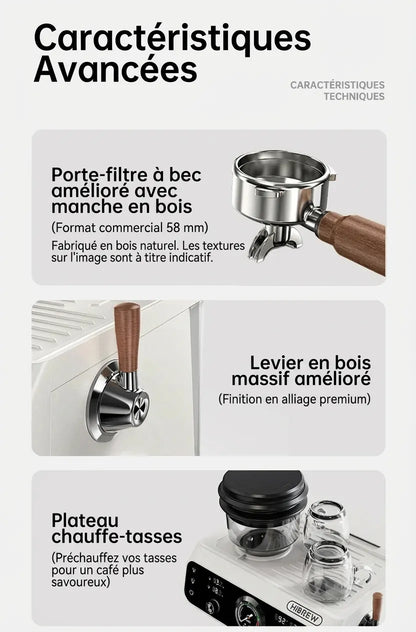 Porte-filtre 58 mm, levier vapeur en bois massif et plateau chauffe-tasses.