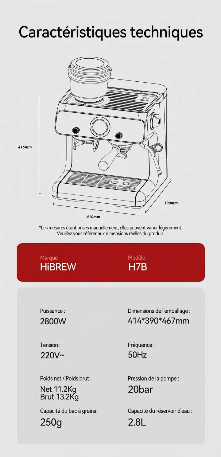 Dimensions et caractéristiques techniques de la machine expresso HiBREW H7B.