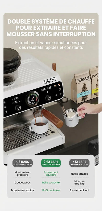 Extraction de l'expresso et moussage du lait simultanés avec double chauffe.