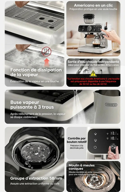 Fonctionnalités multiples dont Americano en un clic et sortie d'eau chaude.