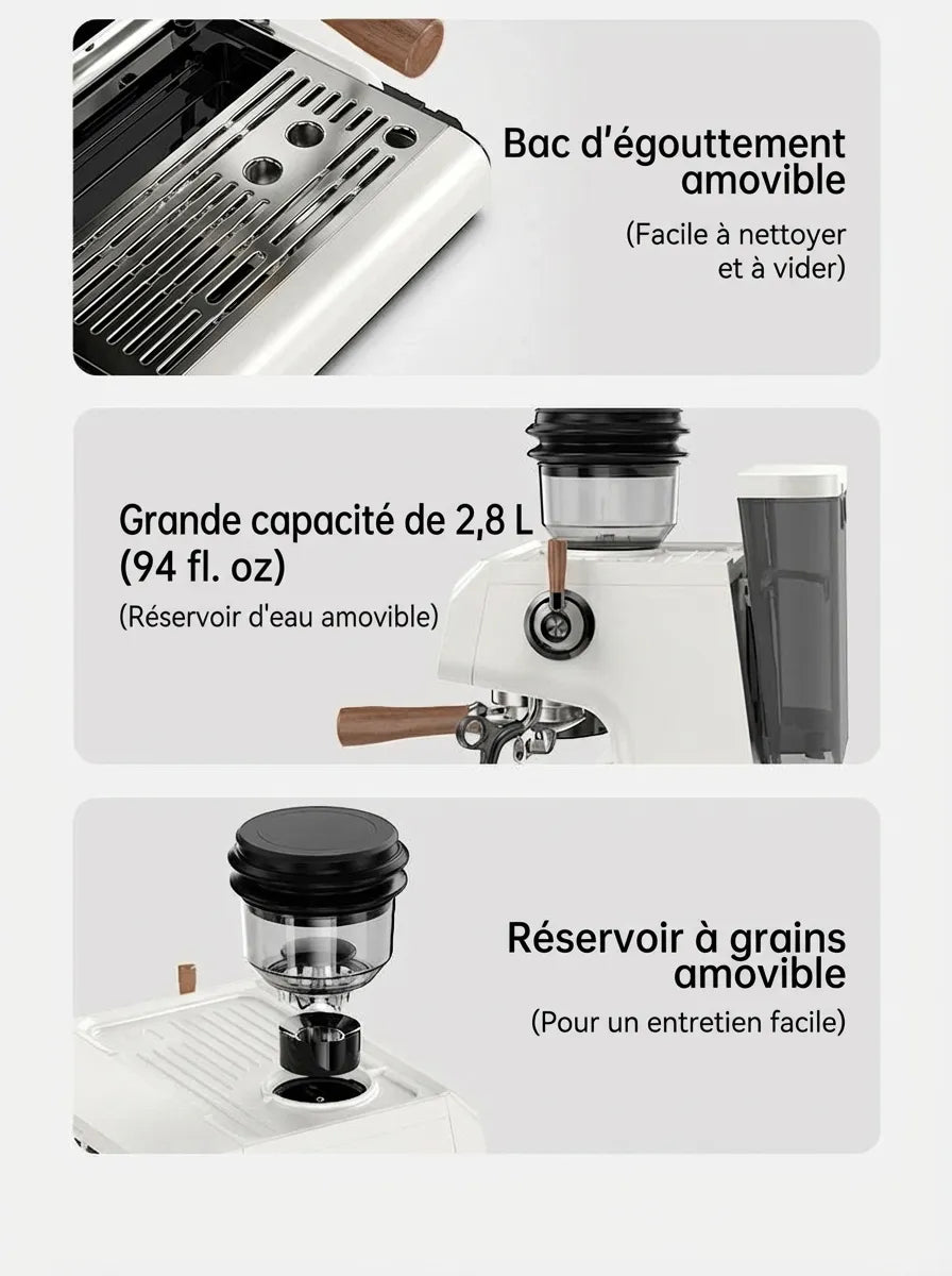 Bac d'égouttement amovible, grand réservoir 2,8L et bac à grains.