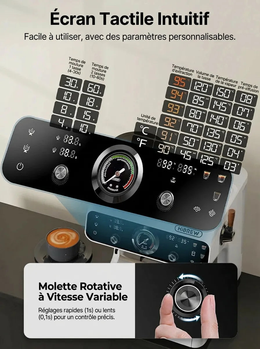 Écran tactile intuitif avec paramètres personnalisables et molette rotative.