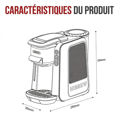 Schéma technique montrant les dimensions de la machine à café : 292x204x334mm.